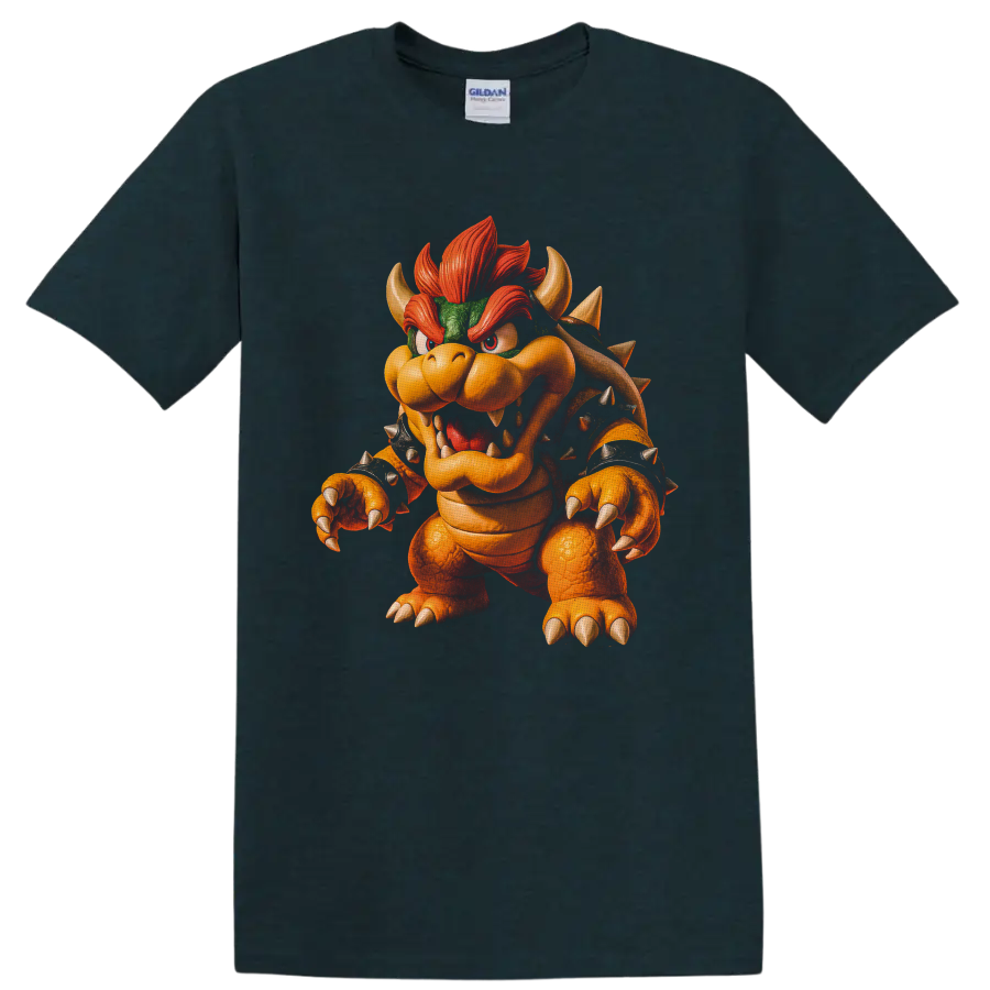 Bowser roaring with spiked shell, horns, claws, and fiery red hair character art on a Midnight (Green) T Shirt