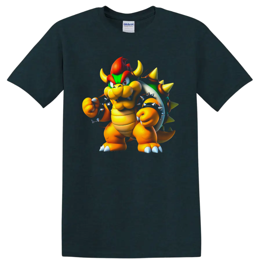 Bowser Super Mario cartoon character with green spiked shell and raised fist on a Midnight (Green) T Shirt