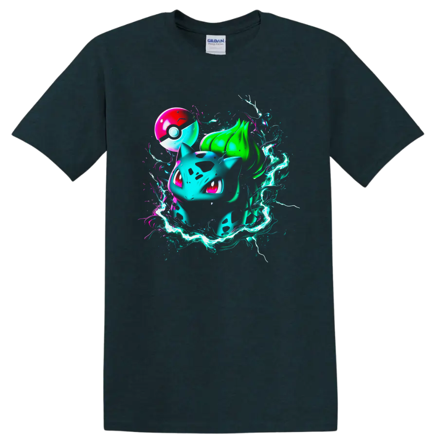 Neon Bulbasaur with glowing energy ribbons and a red-and-white orb on a Midnight (Green) T Shirt