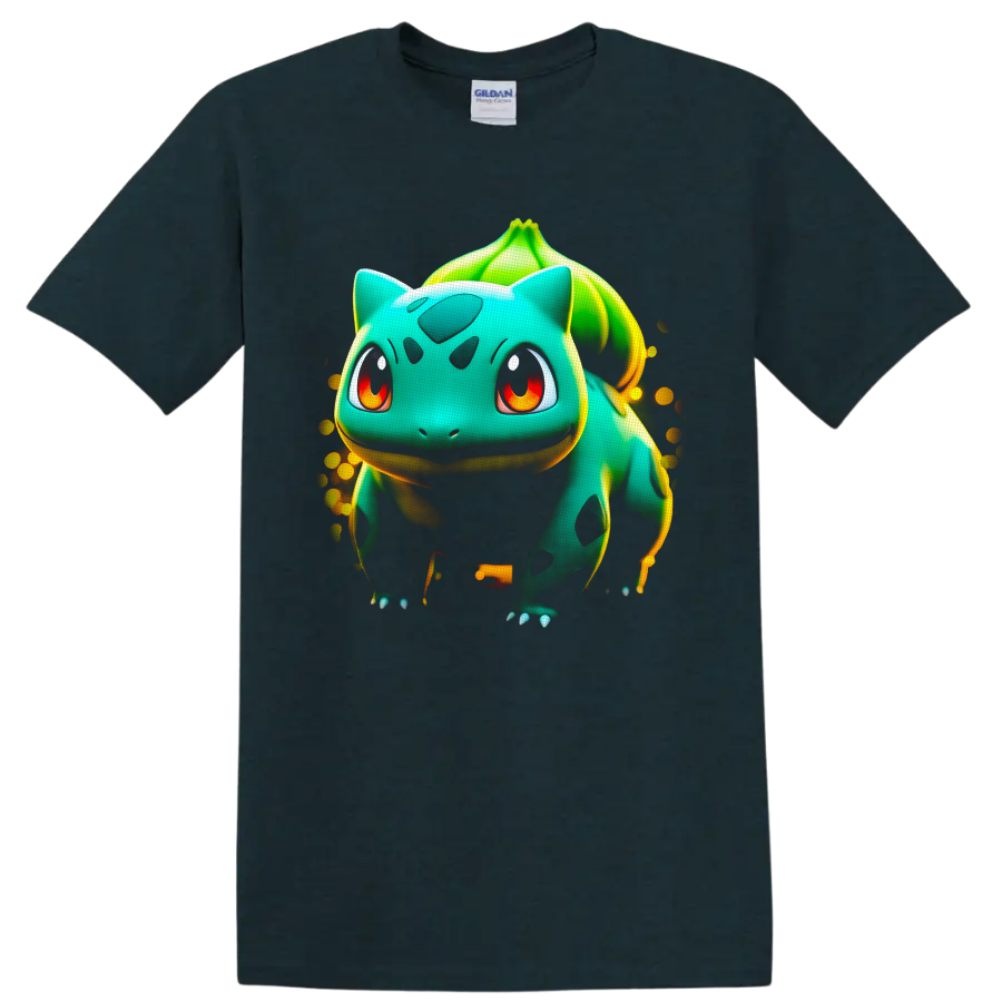 Bulbasaur Pokémon glowing seed creature portrait with leafy bulb and golden speckles on a Midnight (Green) T Shirt