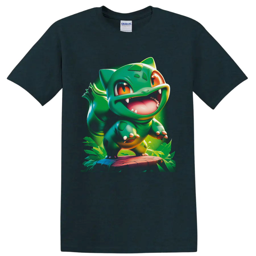 Bulbasaur Pokémon character in glossy jungle cartoon art with tropical leaves on a Midnight (Green) T Shirt
