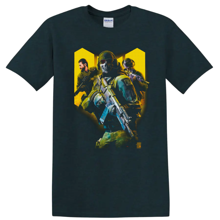 Call of Duty tactical soldiers graphic with skull-masked operator and armed squad on a Midnight (Green) T Shirt