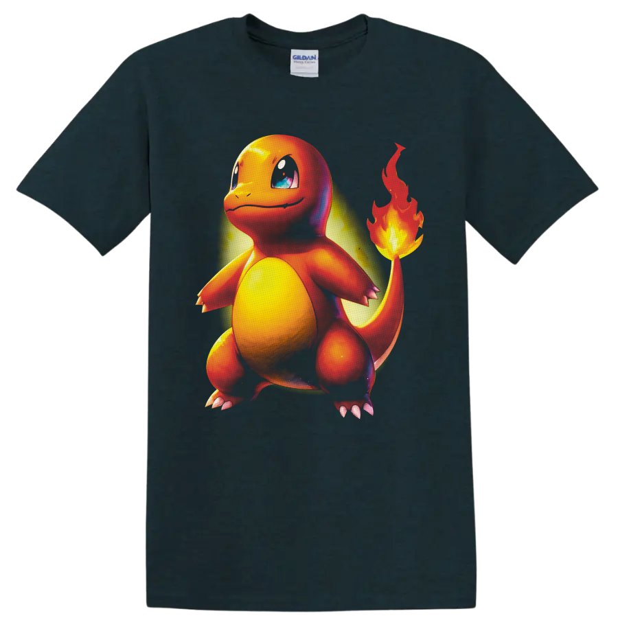 Charmander Pokémon character with glowing tail flame in vivid airbrushed artwork on a Midnight (Green) T Shirt