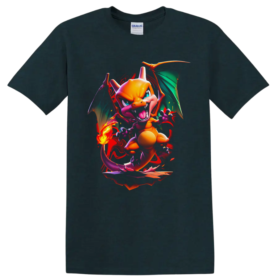 Charizard Pokémon neon fire dragon with teal wings, tail flame, and red paint splashes on a Midnight (Green) T Shirt