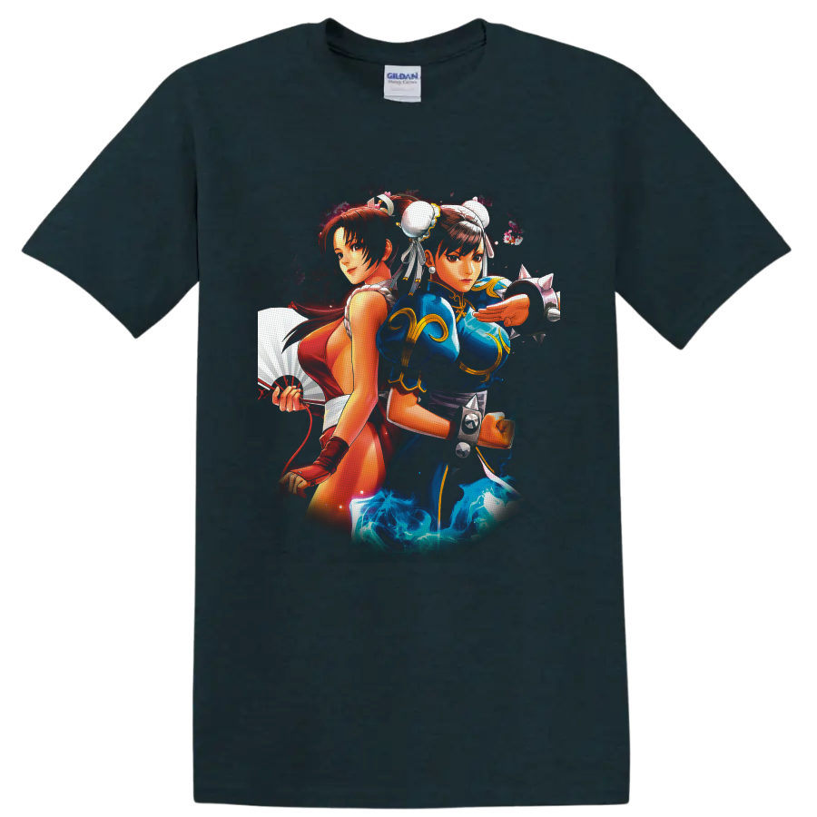 Chun-Li and Mai Shiranui anime-style fighting game duo with fan and energy effects on a Midnight (Green) T Shirt