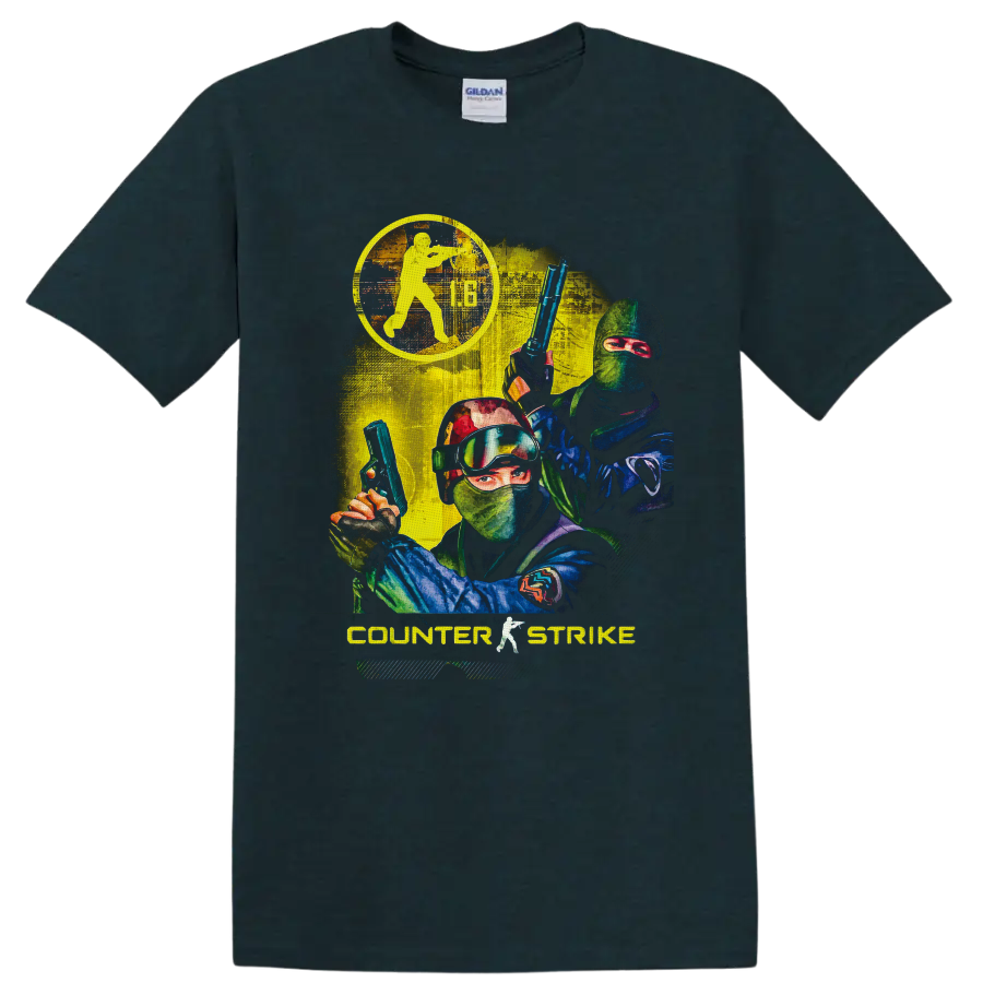 Counter-Strike 1.6 Counter-Terrorist operatives in distressed retro tactical action art on a Midnight (Green) T Shirt