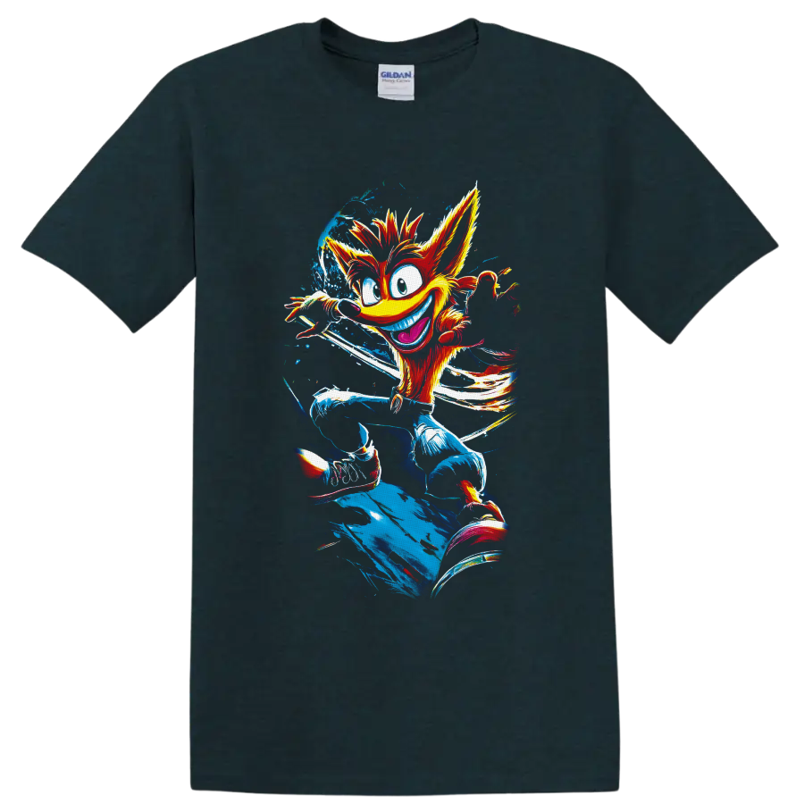 Crash Bandicoot running in colorful retro paint splatter illustration on a Midnight (Green) T Shirt