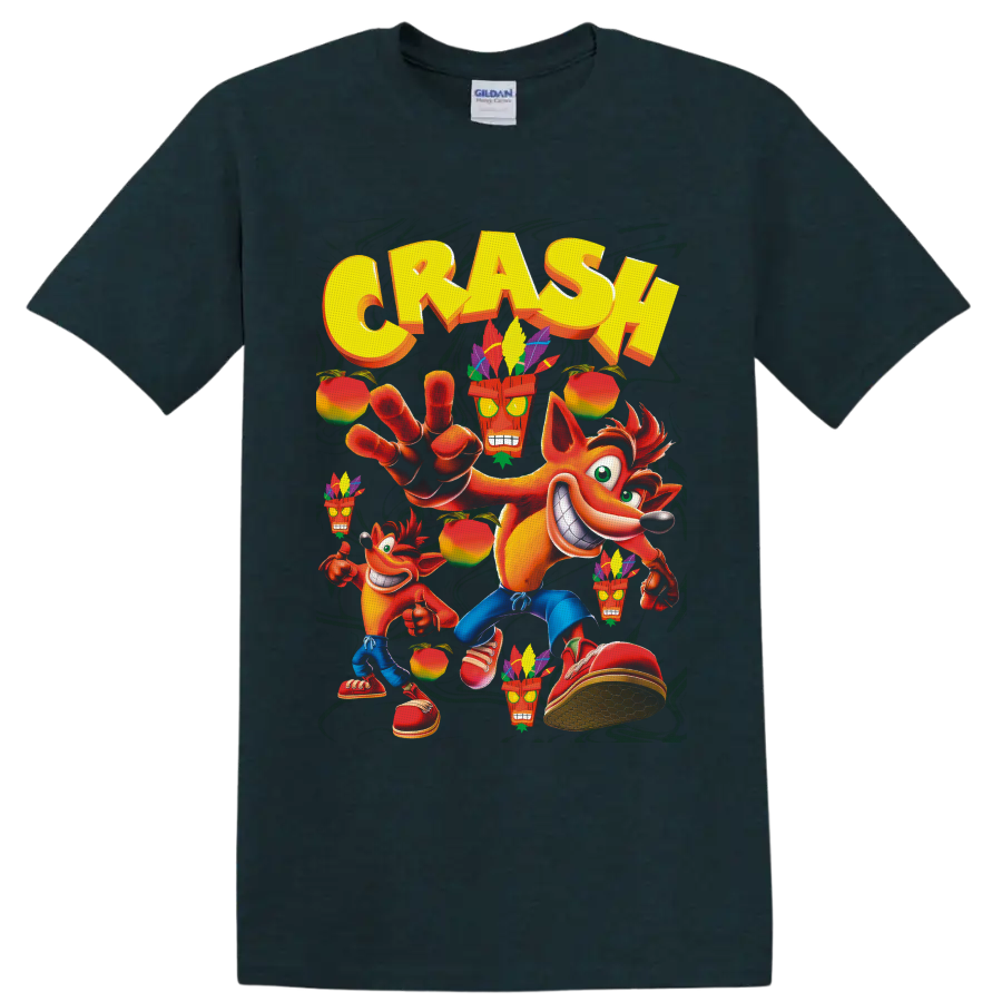 Crash Bandicoot with Aku Aku masks, tropical fruit, and bold yellow CRASH lettering on a Midnight (Green) T Shirt