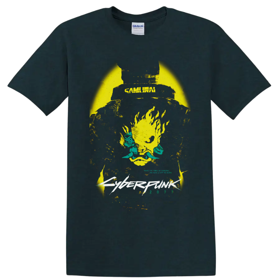 Cyberpunk 2077 Samurai flaming skull with teal flowers and distressed futuristic lettering on a Midnight (Green) T Shirt