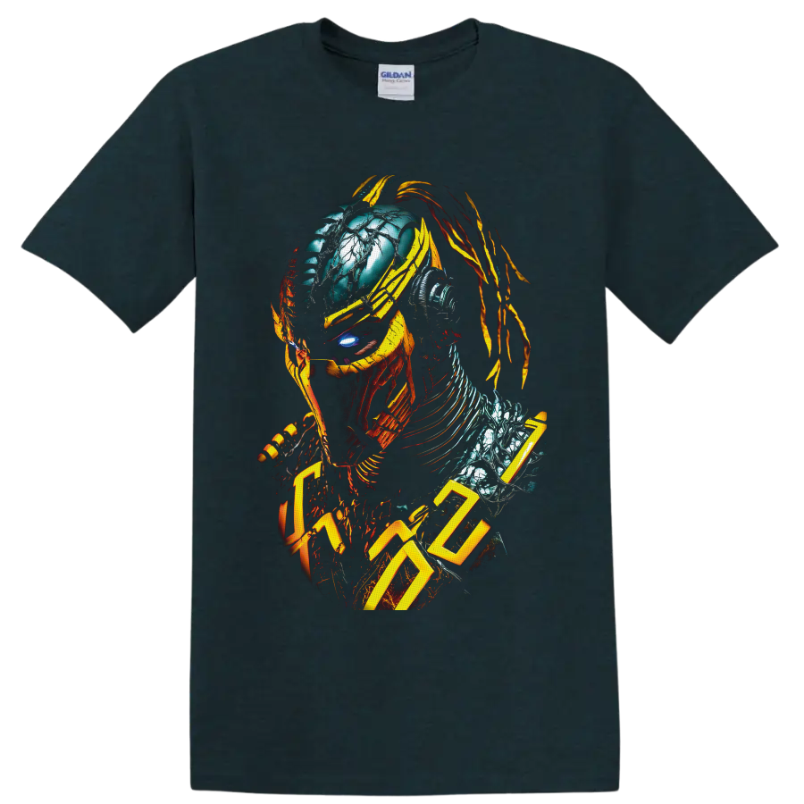 Cyrax Mortal Kombat cyber ninja portrait with yellow armor and mechanical details on a Midnight (Green) T Shirt