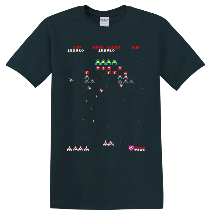 Space Invaders pixel art arcade battle with alien rows, ships, and high score text on a Midnight (Green) T Shirt