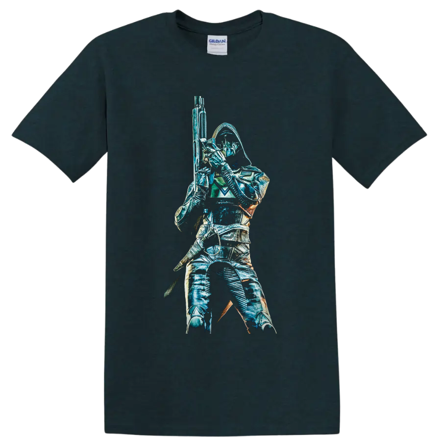 Destiny 2 Hunter in hooded armor holding a rifle, teal sci-fi graphic on a Midnight (Green) T Shirt