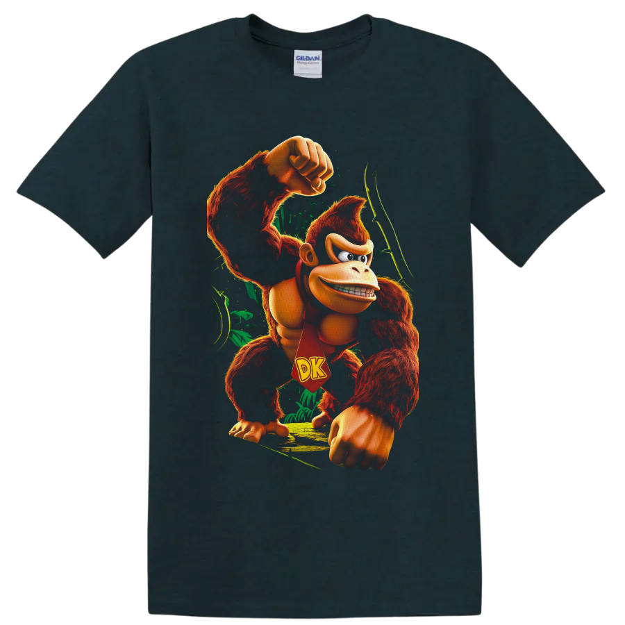 Donkey Kong raising a fist in a vivid jungle scene with a red DK tie on a Midnight (Green) T Shirt