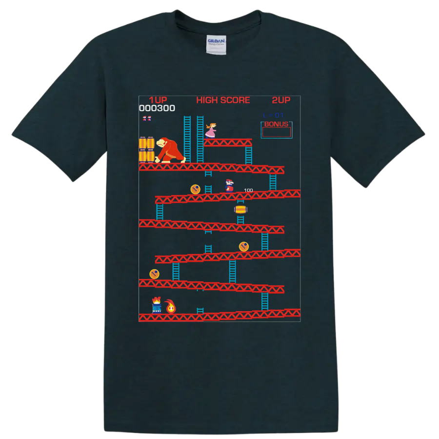 Donkey Kong Mario retro arcade platform graphic with ladders, barrels, and high score text on a Midnight (Green) T Shirt