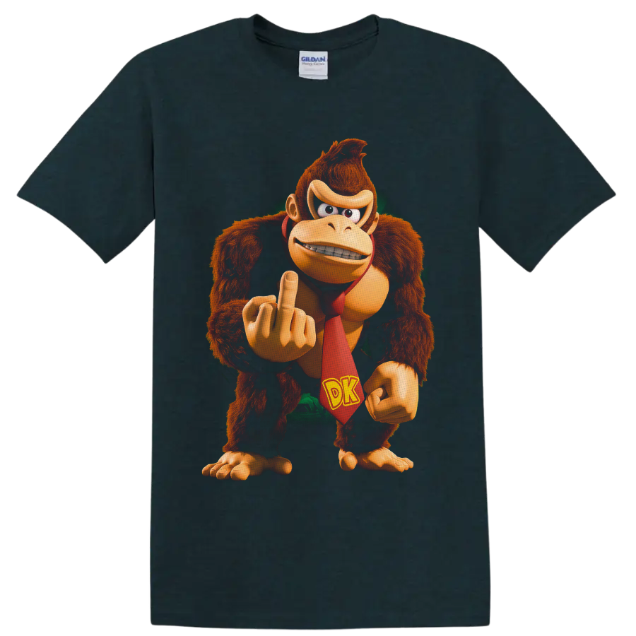 Donkey Kong character graphic with red DK tie and raised rude gesture on a Midnight (Green) T Shirt