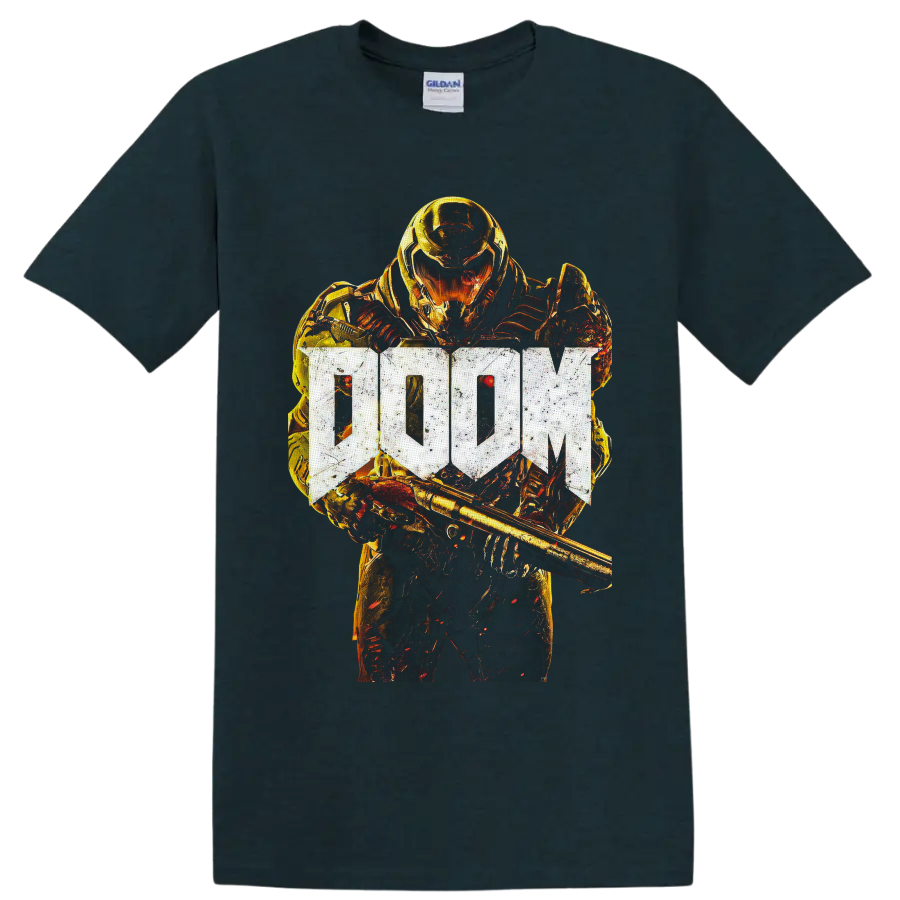 Doom Slayer in fiery gold armor with weapon and distressed DOOM logo on a Midnight (Green) T Shirt