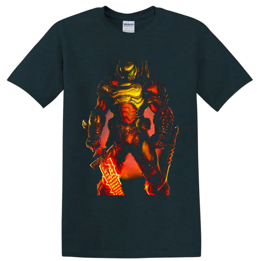 Doom Slayer in fiery futuristic armor with green visor and weapon details on a Midnight (Green) T Shirt