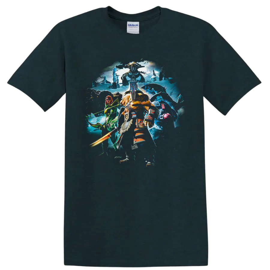Dota 2 Juggernaut fantasy battle art with masked warrior, glowing sword, and heroes on a Midnight (Green) T Shirt