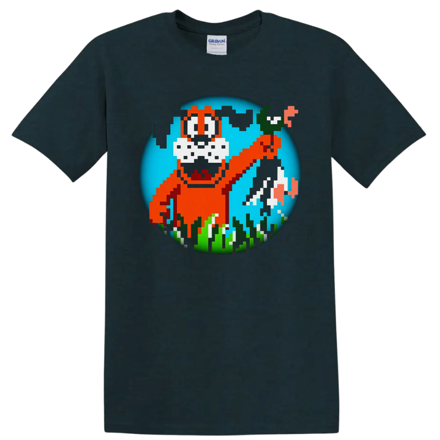 Duck Hunt pixel dog with flying ducks, grass, and retro 8-bit game art on a Midnight (Green) T Shirt