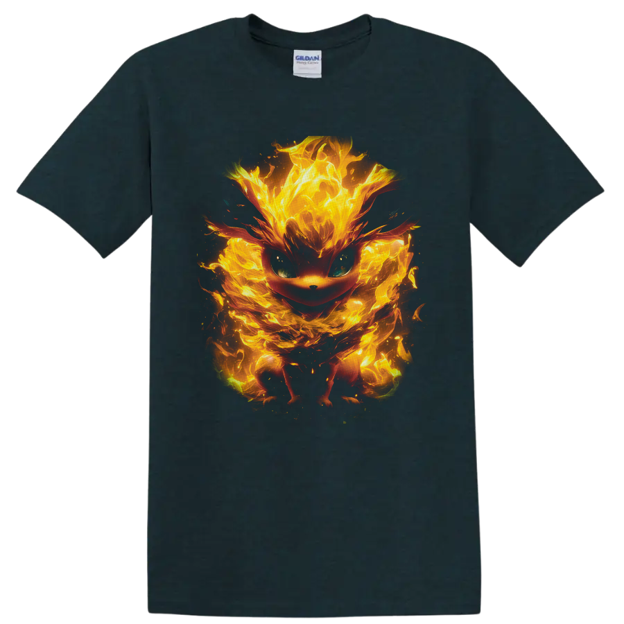 Eevee surrounded by glowing orange and yellow flames in a dramatic fantasy art style on a Midnight (Green) T Shirt