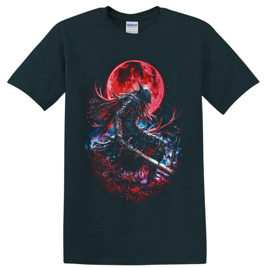 Moon Knight-inspired armored warrior with sword beneath a crimson moon in dark fantasy art on a Midnight (Green) T Shirt