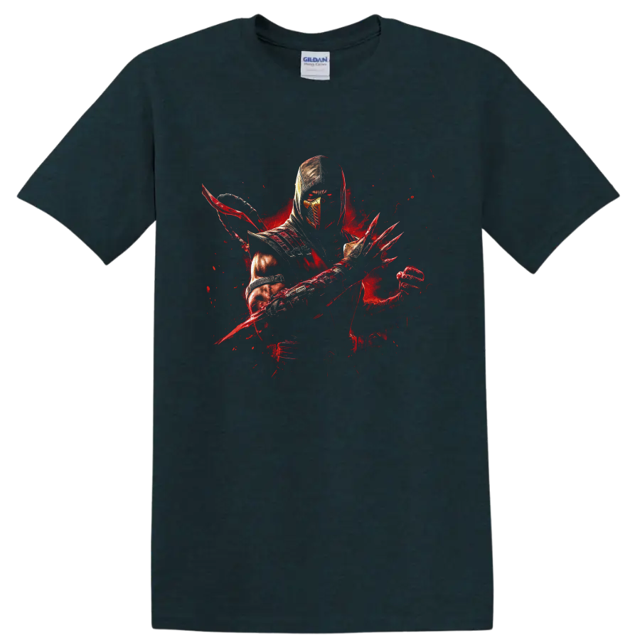 Ermac hooded armored warrior with blade and red energy splatter artwork on a Midnight (Green) T Shirt