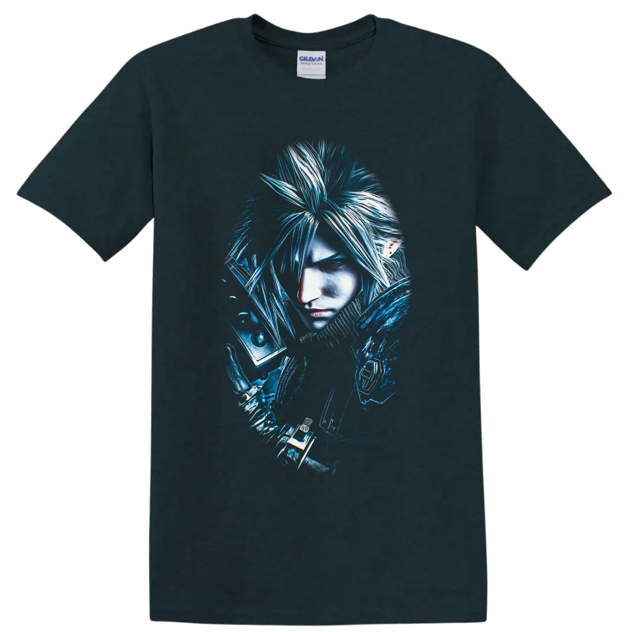 Cloud Strife blue fantasy warrior portrait with sword hilt and armored shoulder on a Midnight (Green) T Shirt