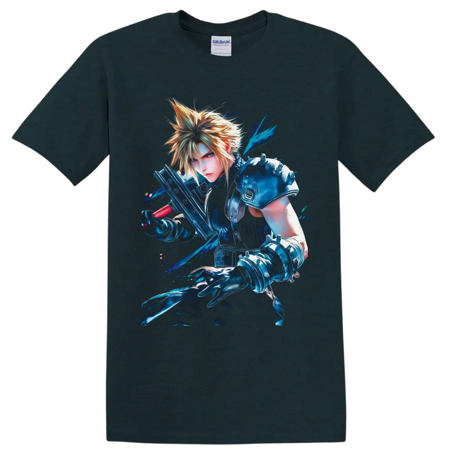 Cloud Strife with Buster Sword in vivid blue Final Fantasy VII warrior art on a Midnight (Green) T Shirt