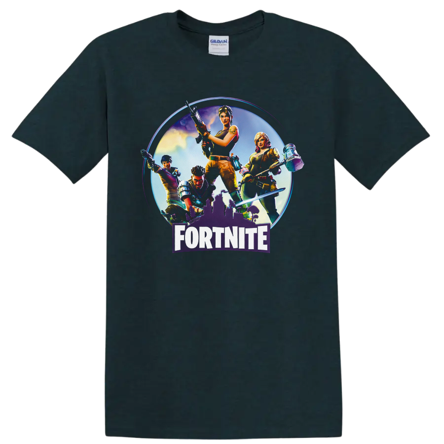 Fortnite squad action characters with gear, glowing city backdrop, and bold logo on a Midnight (Green) T Shirt