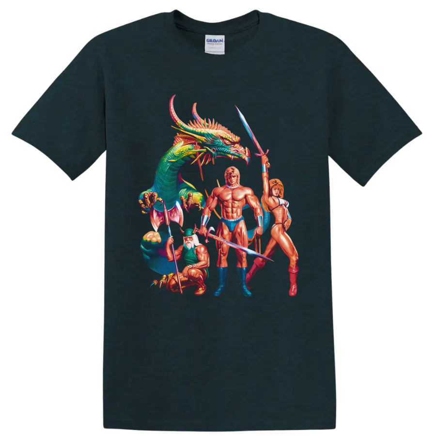Golden Axe warriors with swords and axe beneath a colorful horned dragon in retro game art on a Midnight (Green) T Shirt