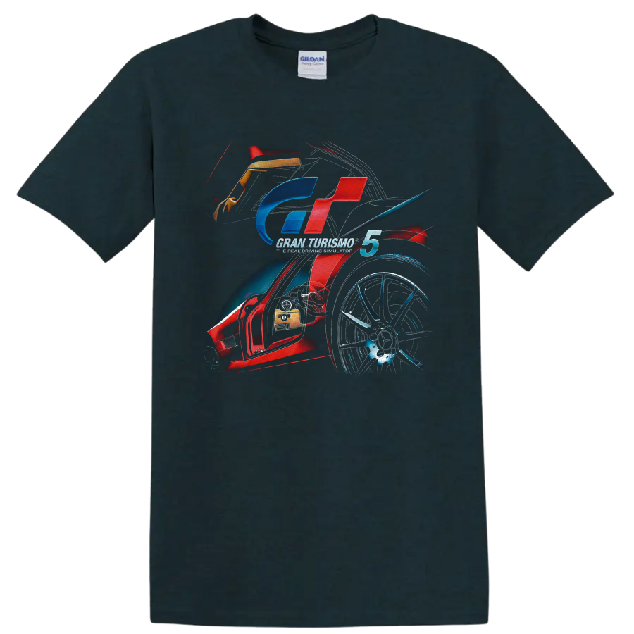 Gran Turismo 5 racing emblem with sports car cockpit, alloy wheel, and motion art on a Midnight (Green) T Shirt