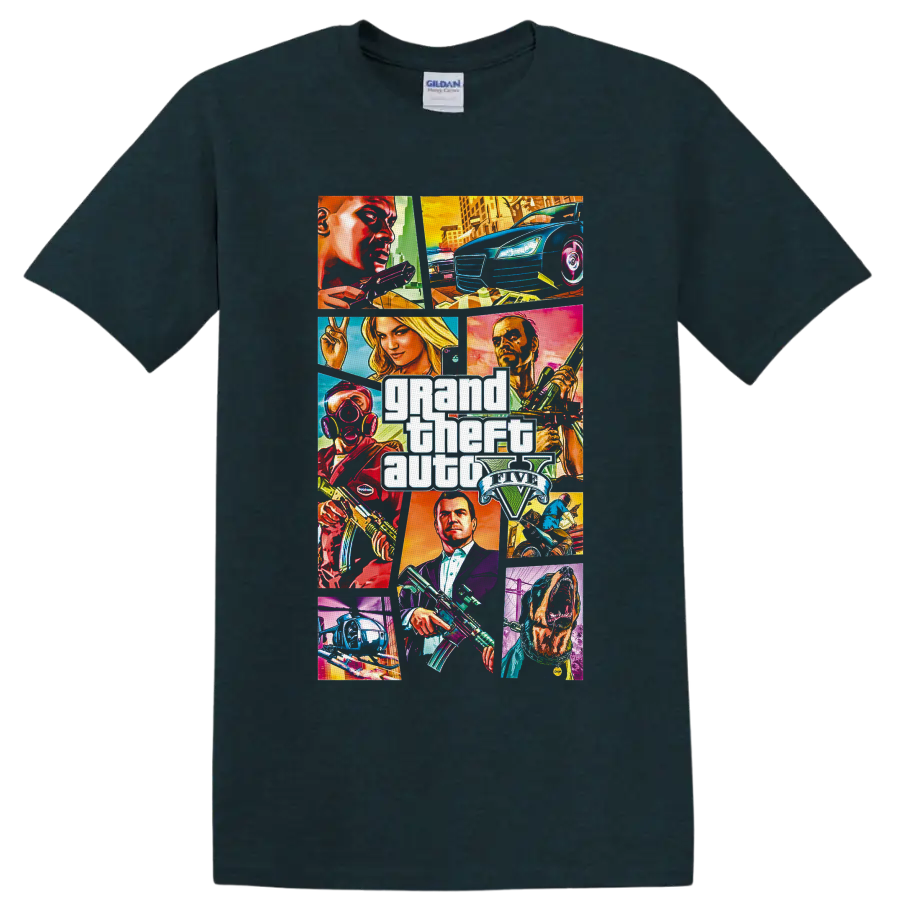 Grand Theft Auto V neon character collage with cars, helicopter, city scenes, and logo on a Midnight (Green) T Shirt