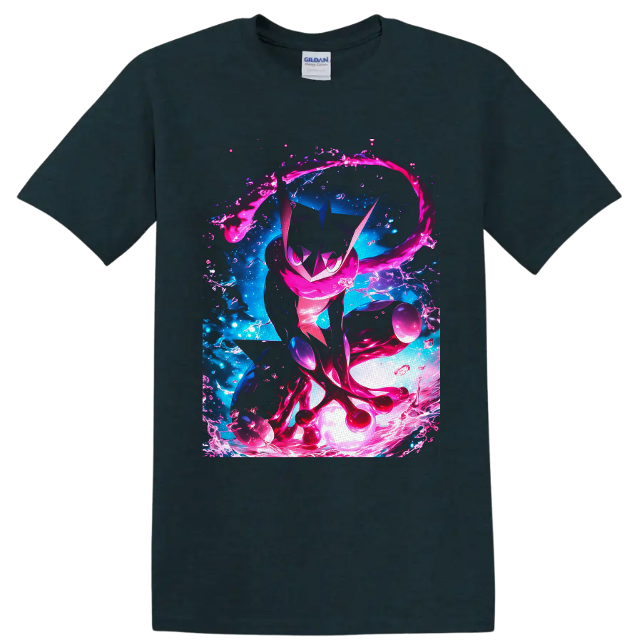 Greninja in neon pink water splashes with electric blue anime-style background on a Midnight (Green) T Shirt