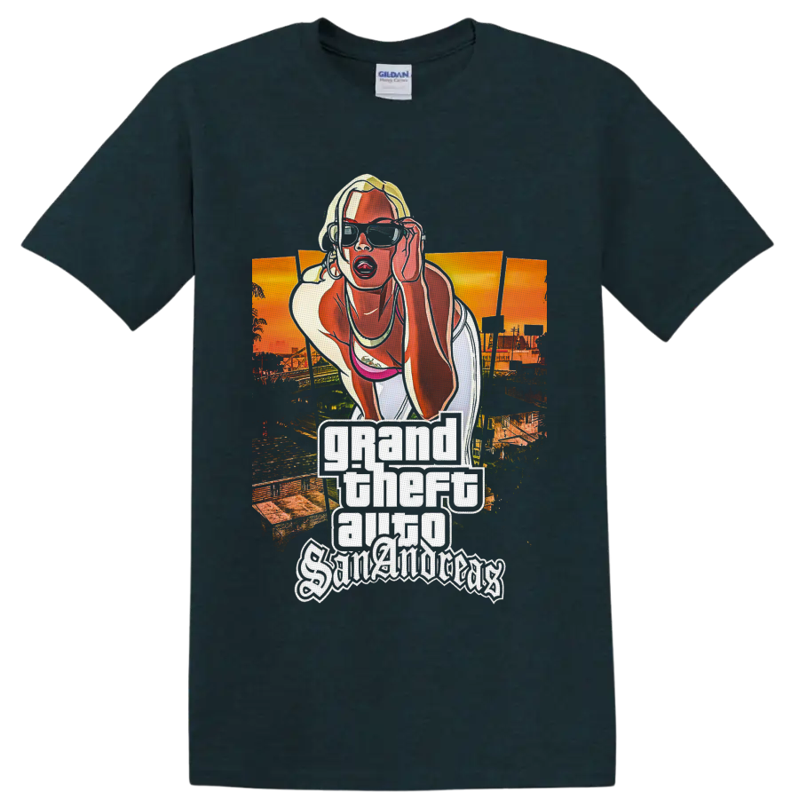 Grand Theft Auto San Andreas blonde woman sunset city poster graphic on a Midnight (Green) T Shirt