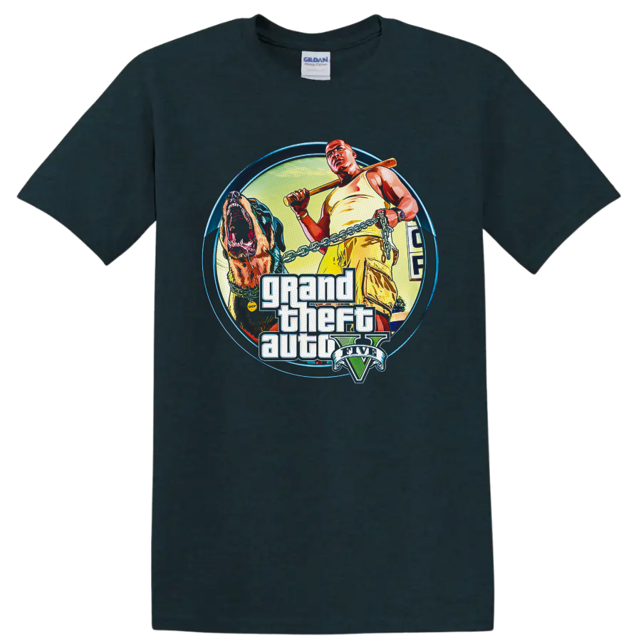 Grand Theft Auto V Franklin Clinton and Chop illustrated graphic with V emblem on a Midnight (Green) T Shirt