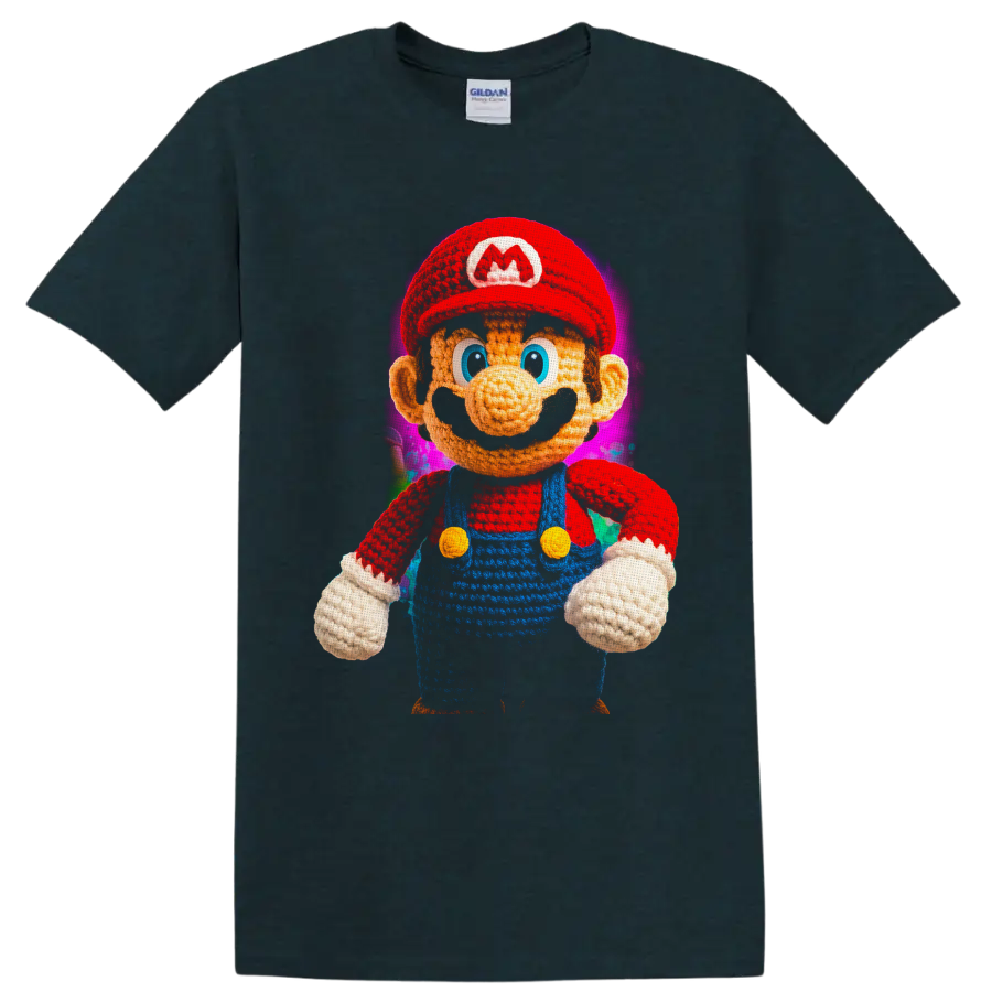 Knitted-style Mario character with colorful abstract background on a Midnight (Green) T Shirt