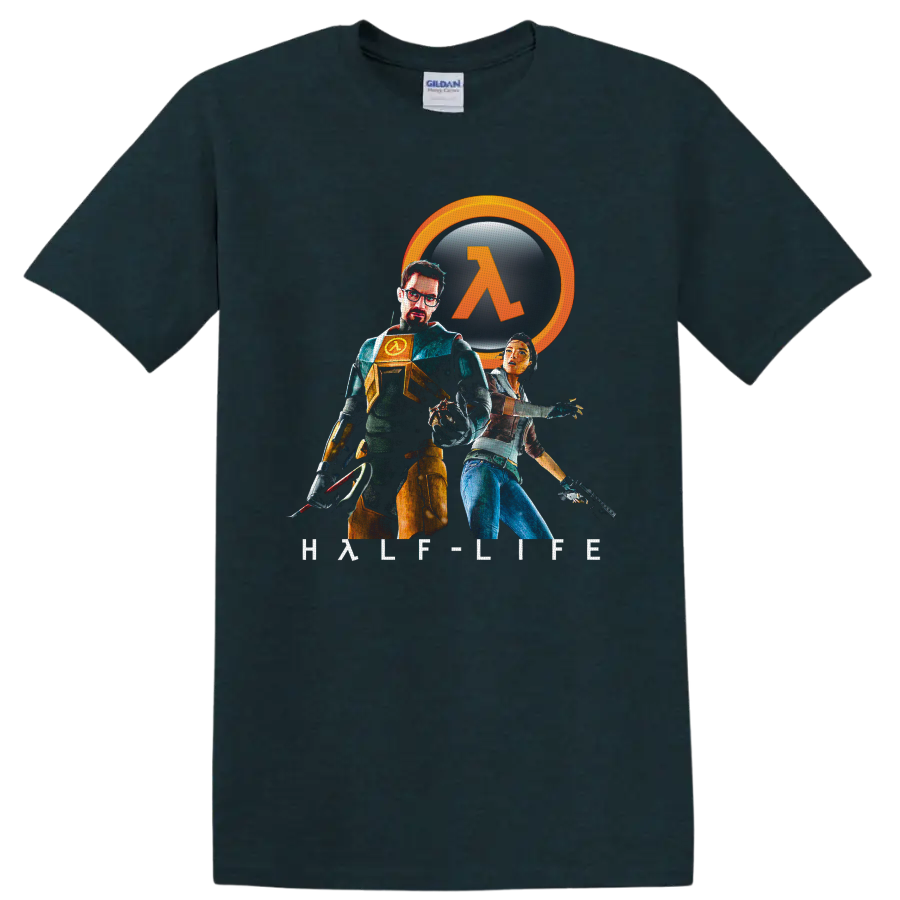 Gordon Freeman and Alyx Vance Half-Life 2 art with orange lambda emblem on a Midnight (Green) T Shirt