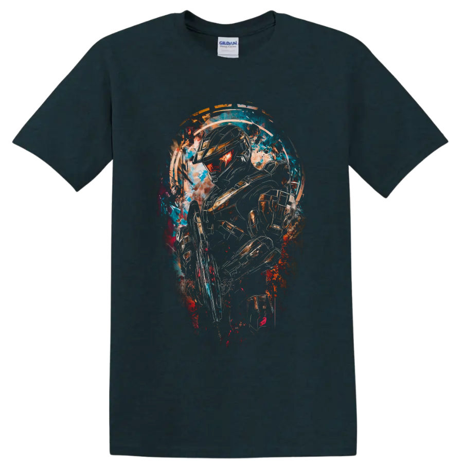 Master Chief Halo Spartan warrior in neon paint-splash armor artwork on a Midnight (Green) T Shirt