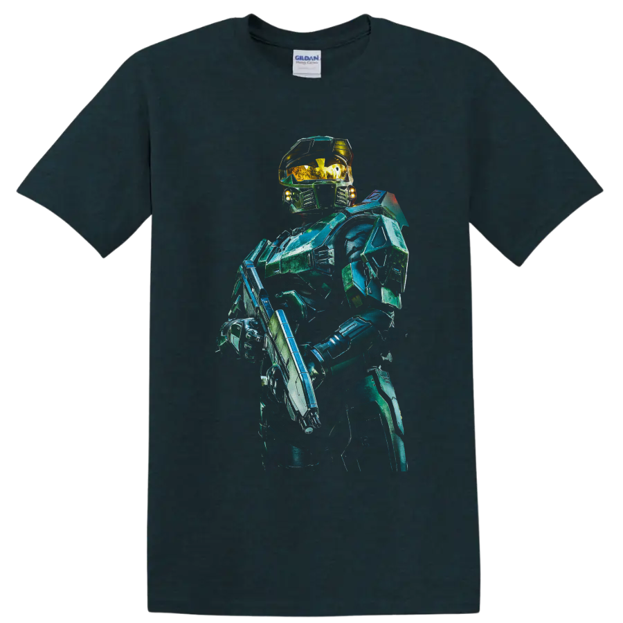 Master Chief in teal-green futuristic armor with gold visor and sci-fi rifle on a Midnight (Green) T Shirt