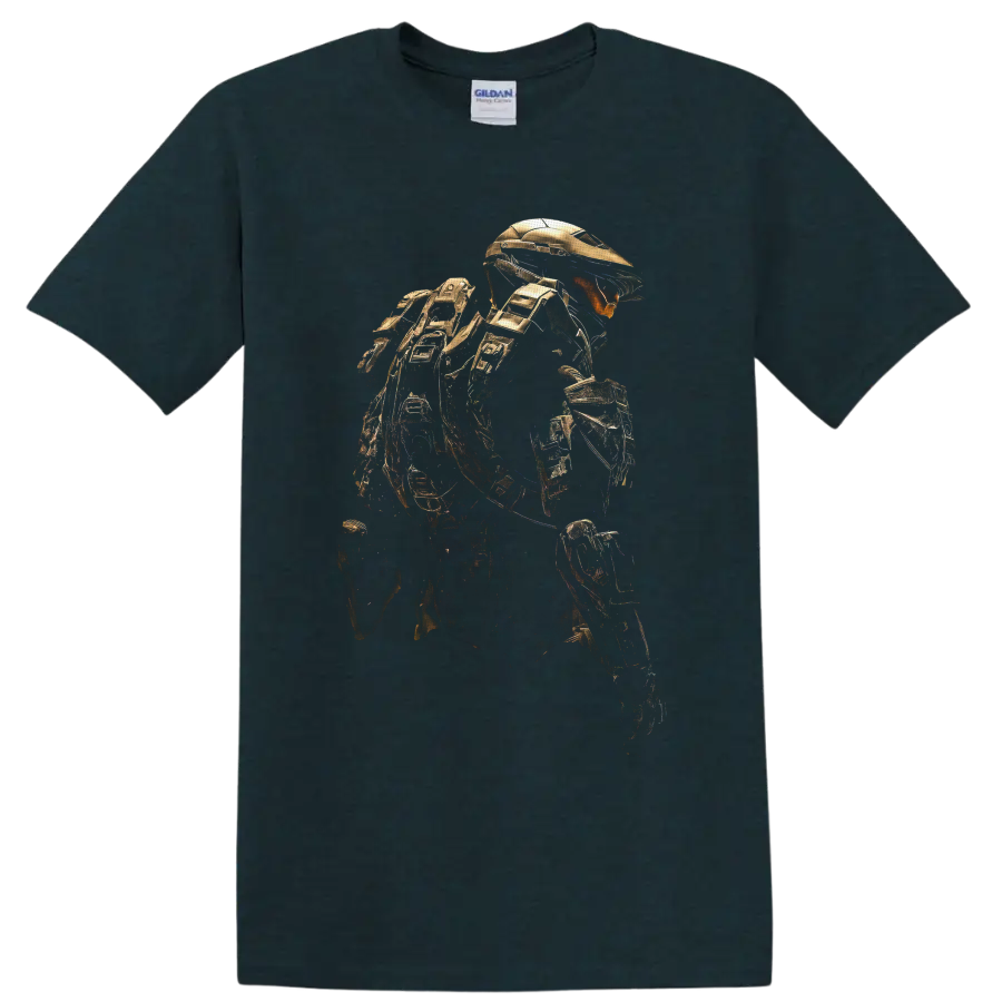 Halo Elite Warrior in detailed gold armor, crouched in a sci-fi gaming art pose on a Midnight (Green) T Shirt
