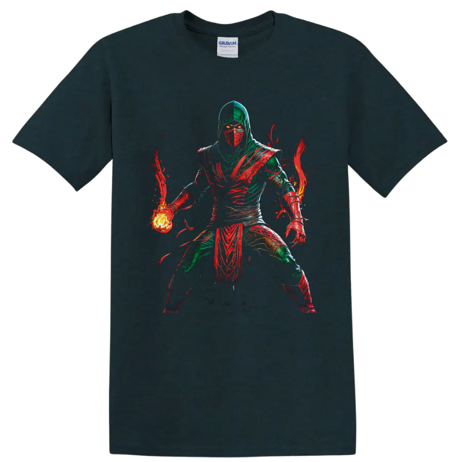 Ermac Mortal Kombat masked warrior with glowing fireball and red flame artwork on a Midnight (Green) T Shirt