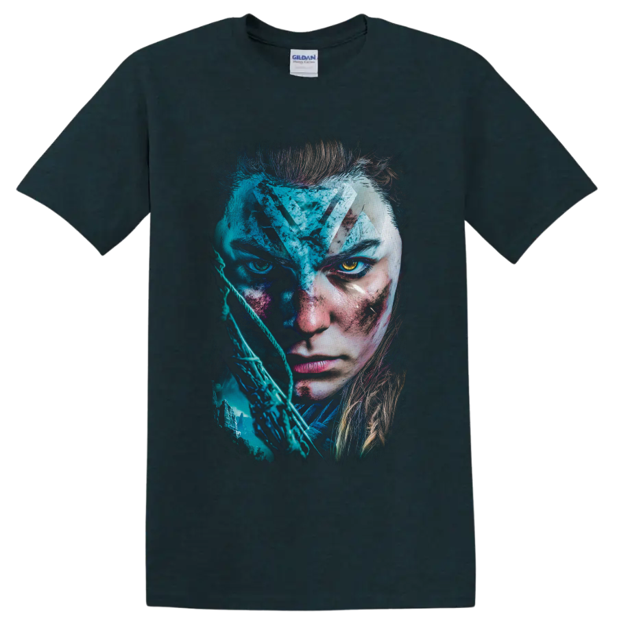 Aloy Horizon Zero Dawn cyber tribal portrait with bow and teal wilderness art on a Midnight (Green) T Shirt