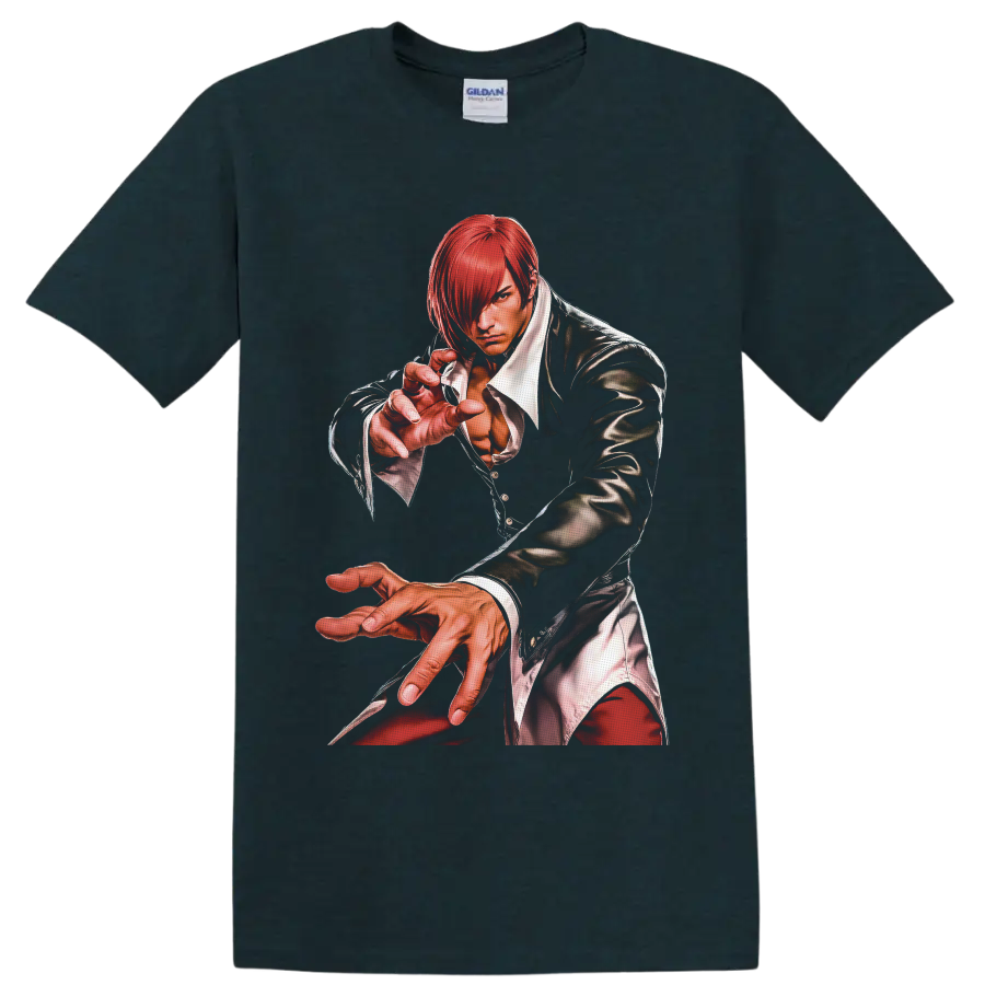 Iori Yagami red-haired fighter illustration from The King of Fighters on a Midnight (Green) T Shirt