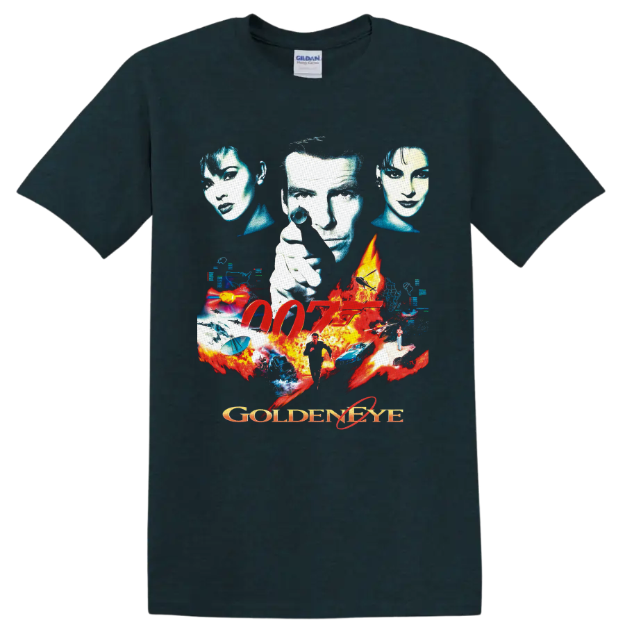 James Bond GoldenEye 007 retro spy collage with 007 logo, flames, cars and weapons on a Midnight (Green) T Shirt