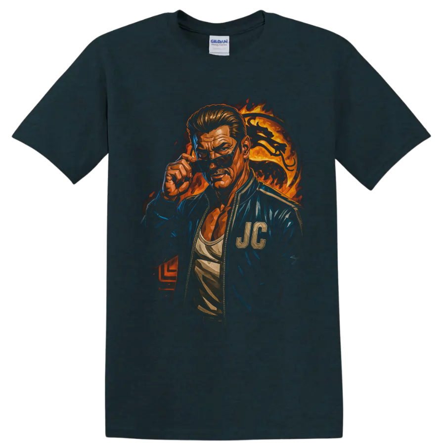 Johnny Cage fiery portrait with sunglasses, blue jacket, and flame backdrop on a Midnight (Green) T Shirt