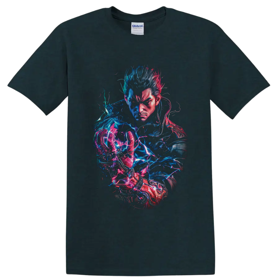 Kazuya Mishima neon electric fighter portrait in blue and pink cyberpunk art on a Midnight (Green) T Shirt