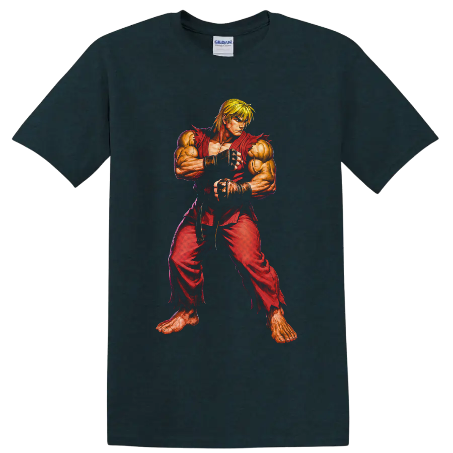 Ken Street Fighter in red gi, detailed retro arcade martial arts fighter artwork on a Midnight (Green) T Shirt