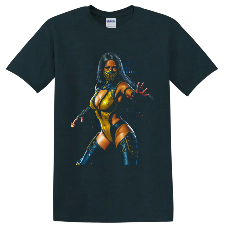 Kitana in blue and gold mask with glowing fantasy warrior portrait on a Midnight (Green) T Shirt