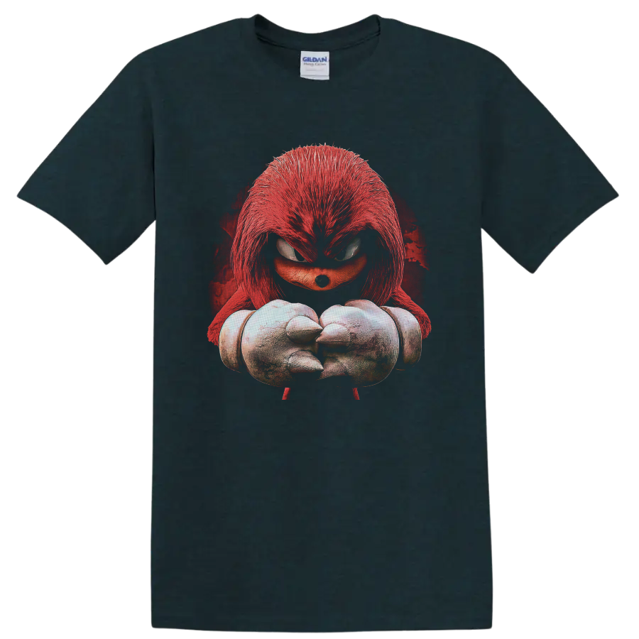 Knuckles horror portrait with red quills, spiked fists, and distressed crimson backdrop on a Midnight (Green) T Shirt