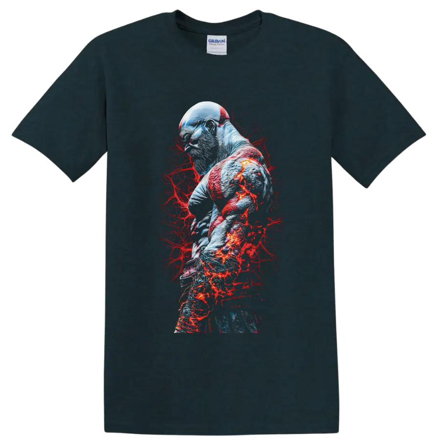 Kratos God of War warrior portrait with red markings and fiery blue-gray battle art on a Midnight (Green) T Shirt